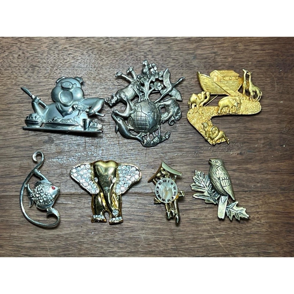 7 Pc Animal Brooch Set- Vtg Noahs Ark Bird Fish Pins Jewelry Crafts Display Chic